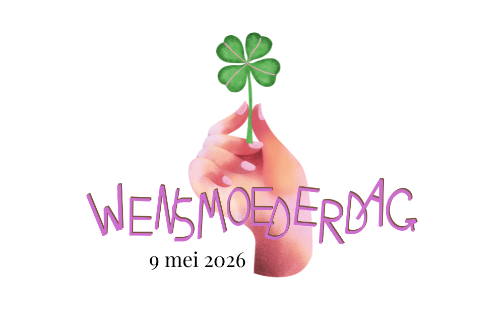 wensmoederdag logo over een hand met een klavertje vier